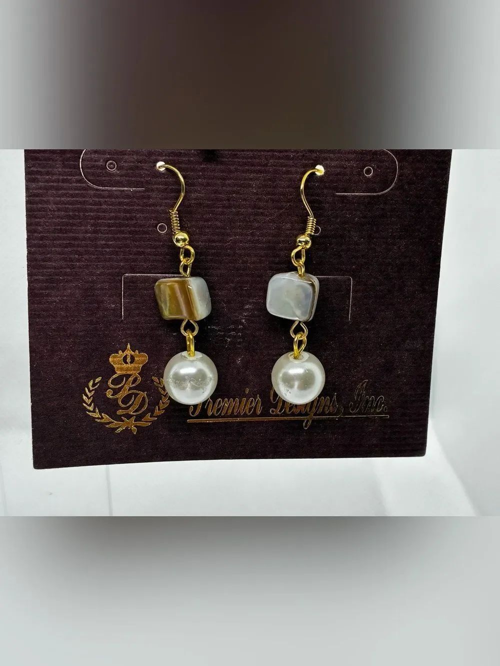 3For$20 Gold-Plated Pearl Drop Earrings with Iridescent Cube Accent